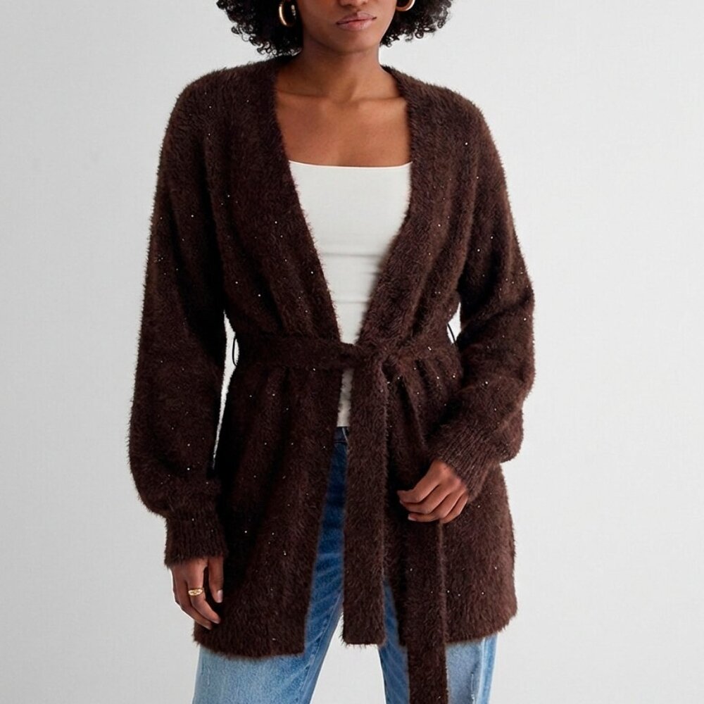 Express Faux Fur Sequin Balloon Sleeve Belted Cardigan